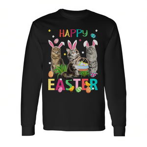 Camiseta de manga larga con estampado de tres gatos Maine Coon con orejas de conejo, diseño de Feliz Día de Pascua - Product Image 2
