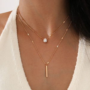 Rinhoo collane Vintage multistrato placcato oro argento impilato strass in metallo Bar goccia d'acqua ciondolo a cuore donna ragazza gioielli - Product Image 1