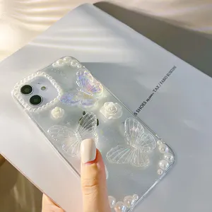 高品质3d蝴蝶时尚女孩女性透明防震iphone 15外壳
