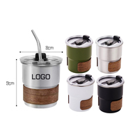 Beauchy Tasse à eau en acier inoxydable à paroi simple de 300 ml, gobelet réutilisable pour bière, tasse de voyage en métal avec support en bois et couvercle