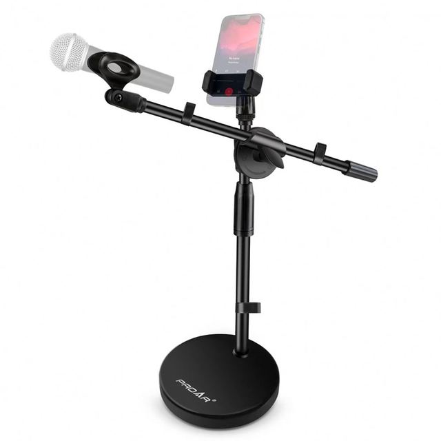 PROAR Z01 Adjustable Metal Plastic Black Desktop Microphone Stand Includes Arm Mic Clip Phone Holder for Live Streaming Singing