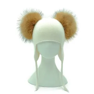 Kids Fashion Winter Knitted hat Raccoon Fur Pom Pom Hat Ball Korean Baby Hat
