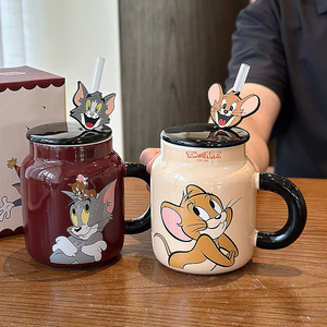 Zuo Mu Tom <b>And</b> Jerry Ceramic Mug <b>With</b> <b>Lid</b> <b>And</b> <b>Straw</b> Handle Reusable Coffee <b>Cup</b> For Home Or Gift - Product Image 3