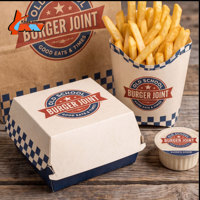 Ensemble d'emballages pour hamburgers de style américain vintage avec sac en papier kraft, gobelet à frites et gobelet à boisson pour restaurant de restauration rapide à emporter