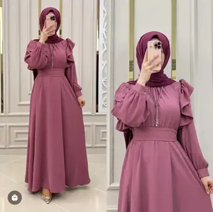 イスラム教徒の控えめなドレス無地ハイネック長袖フリルAラインドレスサッシ服女性