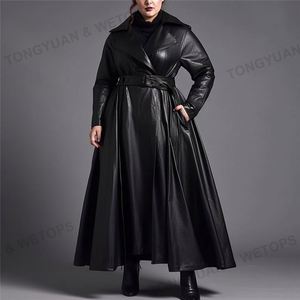 Abbigliamento taglie forti <span class=keywords><strong>donna</strong></span> <span class=keywords><strong>Trench</strong></span> oversize <span class=keywords><strong>nero</strong></span> Maxi lunghezza <span class=keywords><strong>Trench</strong></span> in <span class=keywords><strong>pelle</strong></span> lunga con cintura da <span class=keywords><strong>donna</strong></span> - Product Image 4