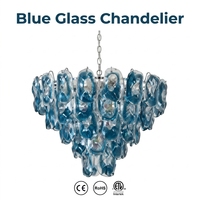 Lustre suspendu de luxe en verre artistique bleu vintage français, lampe de designer du milieu du siècle avec chaîne