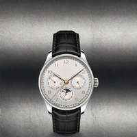 Montre mécanique automatique avec logo personnalisé, affichage de la phase de lune, calendrier, cristal saphir, boîtier rond en acier inoxydable, bracelet en cuir