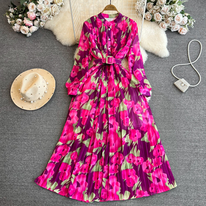 Retro Style Long Sleeved With Waistband and Slim A-line Printed Pleated Dress Elegant Large Hem Long Skirt - Product Image 3