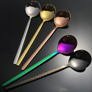 Hammered Textured Spoon 304 Stainless Steel Long Handle Creative Round Spoon For Soup And Eating Silver Gold Rose Gold - Product Image 2