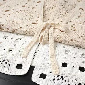 Chaleco de punto de ganchillo con cuello en V de estilo japonés para mujer, cárdigan de verano, ropa de abrigo, color blanco albaricoque - Product Image 4