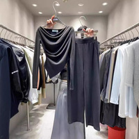 Nouvel ensemble tendance : T-shirt uni à taille irrégulière pour femme + pantalon décontracté ample à taille haute