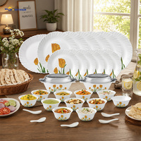 Service de table en verre opale 33 pièces, bord ondulé, motif floral tulipe, assiettes, bols et plats à gratin en verre résistant à la chaleur pour les repas en famille à la maison