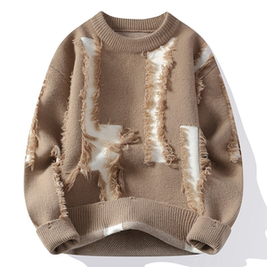 <span class=keywords><strong>Pull</strong></span> en tricot à col rond rétro Y2K pour <span class=keywords><strong>homme</strong></span>, avec logo personnalisé, effet usé, trous déchirés, franges, 100% coton, poids lourd - Product Image 1