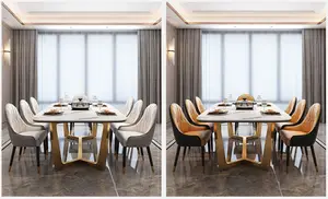 Ensemble de table à manger en acier inoxydable, meubles modernes de luxe, dessus en marbre noir, design en métal doré, restaurant, salon, chambre à coucher