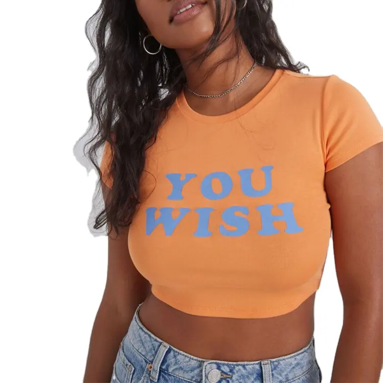 Custom Styles Women Classic Crew Neck Short Sleeve Cropped Above Belly Button Ribbed Knit Tops Slogan Printed Fitted Baby Tees