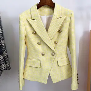 A4915 High Quality Yellow Long Sleeve Doubled Breasted Houndstooth Fashion Coats Jackets Women Suit