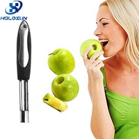 Aanpasbare logo eco-vriendelijke roestvrijstalen appelboor met zachte rubberen handgreep, handmatige keukenhulp voor het verwijderen van fruit en groenten