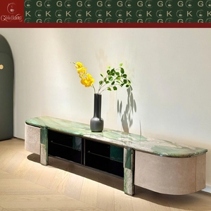GOLDKING Mueble de TV Moderno y Minimalista para Sala de Estar, con Paneles Laterales de Tela, Marco Metálico y Detalles en Mármol Verde, Personalizable - Product Image 3