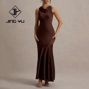 Nouvelle robe maxi décontractée de luxe en satin marron à col haut réglable, robe maxi en satin de haute qualité - Product Image 2