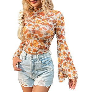 Cary-Lover con maniche a campana stampate a fiori in rete <span class=keywords><strong>top</strong></span> alla moda Western Boutique di moda Casual all'ingrosso - Product Image 1