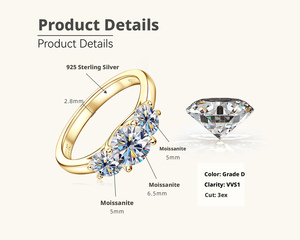 Joyería Fina, Anillo de Diamantes de 3 Piedras con Moissanita VVS GRA de Corte Redondo de 2CT, Chapado en Oro sobre Plata 925, de Alta Gama, para Regalo de Pareja - Product Image 6