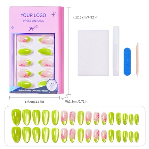 Ongles artificiels à presser OEM en gros, vert citron, effet œil de chat, motif floral, en PMMA gel souple, 32 pièces, courts, forme amande, pour salon de manucure - Product Image 1