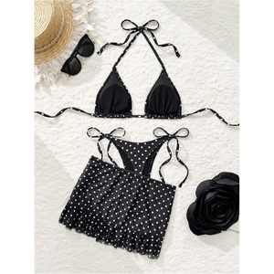 FOXA Women's 3 Piece Halter <b>Bikini</b> Set Polka Dots Triangle <b>String</b> Swimsuit With Beach Cover Up Skirt - Product Image 5