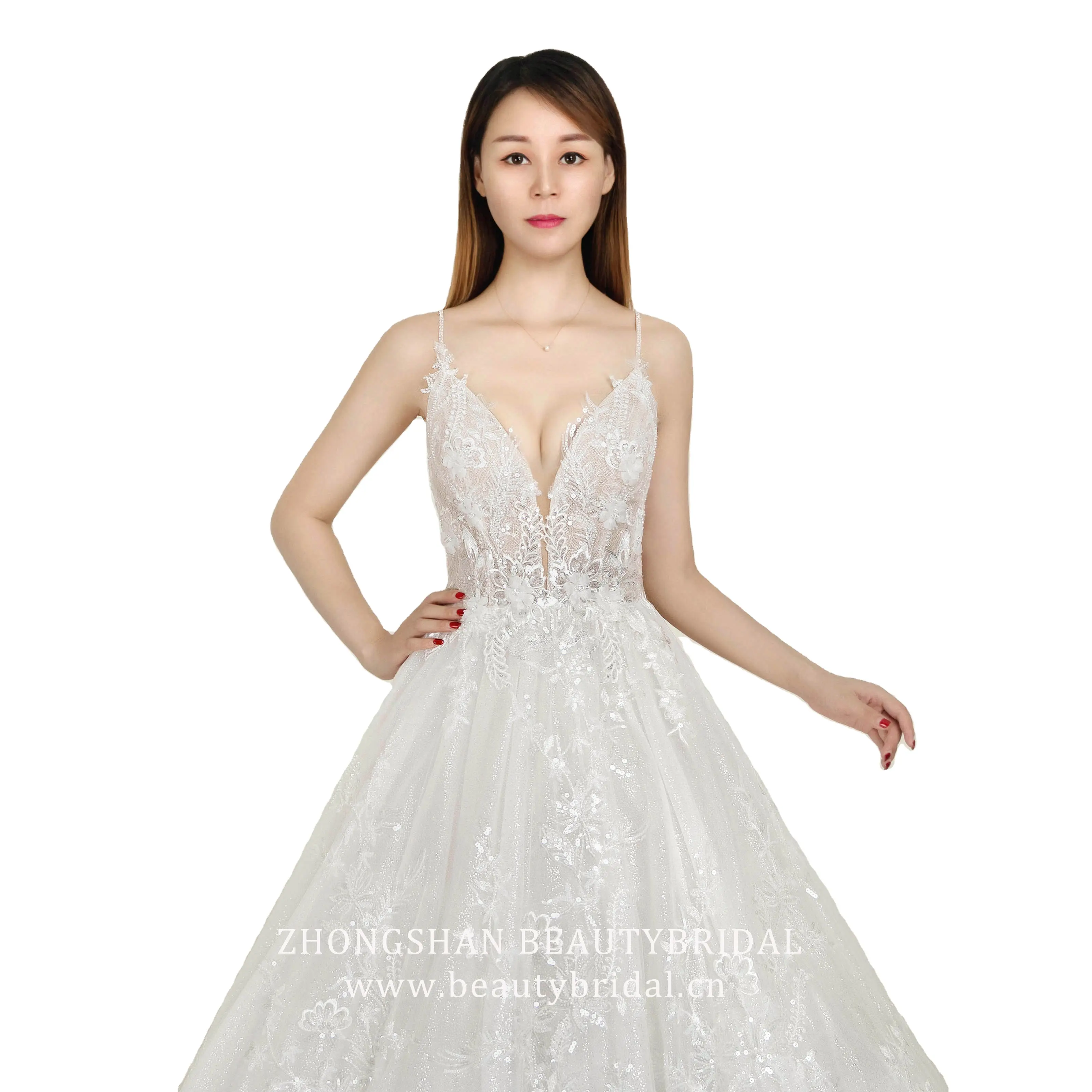 Di alta qualità di vendita calda su ordine di nuovo disegno di abito da sposa abito da sposa di lusso con perline e scollo a V forma