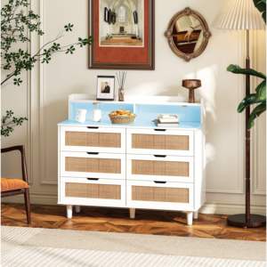 DB 43.31\" 6-Drawers Rattan <b>Storage</b> <b>Cabinet</b> with Mirrored LED Lights and Power Outlet for Bedroom Living Room Home Use - Product Image 5