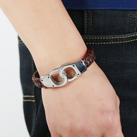 Meilleures ventes : Bijou géométrique pour homme en cuir PU plaqué rhodium, style punk rock simple, en forme de menottes tressées en acier inoxydable