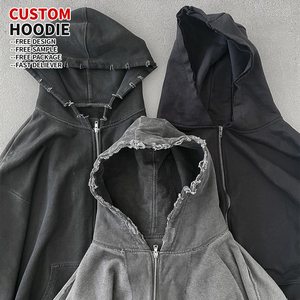 Sweat à capuche vintage en coton épais de haute qualité, coupe oversize, style streetwear, délavé à l'acide, avec fermeture éclair, logo personnalisé, unisexe, pour homme, hiver - Product Image 2