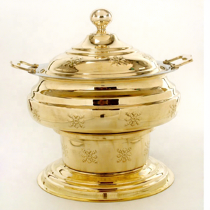 Plat à chafing rond de luxe en laiton plaqué or, de qualité supérieure, pour la restauration commerciale et les buffets, à poser sur table - Product Image 1