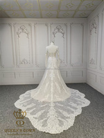 Robe de mariée QUEENSGOWN sexy à col en V avec manches détachables, dos illusion, coupe trapèze et traîne fleurie