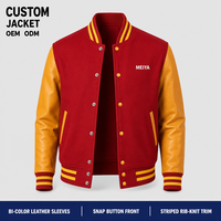 Vestes pour hommes personnalisées de haute qualité en laine rouge avec manches en cuir doré, boutons pression, col côtelé rayé, style universitaire décontracté