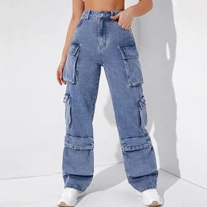 Pantalon décontracté taille haute classique à poches, coupe large, en <span class=keywords><strong>jean</strong></span> pour femme, style baggy boyfriend, pantalon <span class=keywords><strong>cargo</strong></span> en <span class=keywords><strong>jean</strong></span> pour femme - Product Image 3