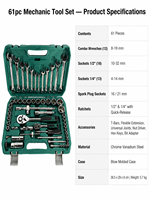 Jeu de clés à douilles à cliquet 61 pièces 72 dents en acier au chrome-vanadium, kit de réparation avec mallette rigide pour automobile, vélo, moto