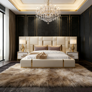 Lit de luxe en bois massif de style européen pour hôtel, couleur marron simple, noir, véritable lit en cuir italien de luxe moderne, taille king - Product Image 1