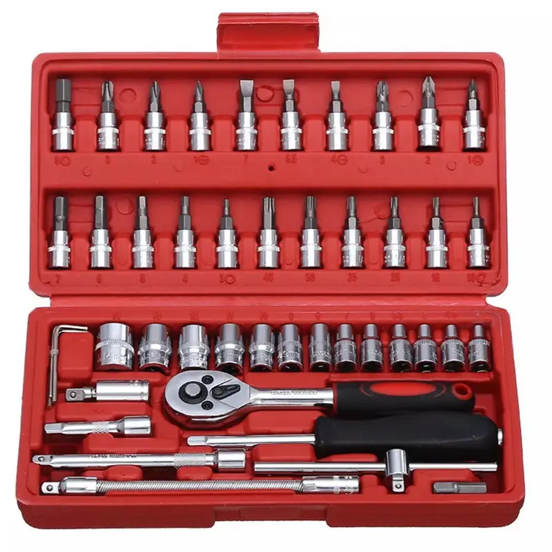 46Pcs Extension Wrench Repair Tool 1/4&quot; Drive Socket Ratchet Wrench Combo Bit Set Car Repair Hand Automotive Tools