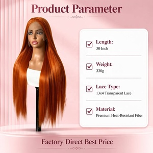 Perruque synthétique longue et droite 13x4 Lace Front pour femme, sans colle, avec dentelle transparente, pour usage quotidien, couleur Rouge Cuivré, Ginger <span class=keywords><strong>Orange</strong></span> - Product Image 2