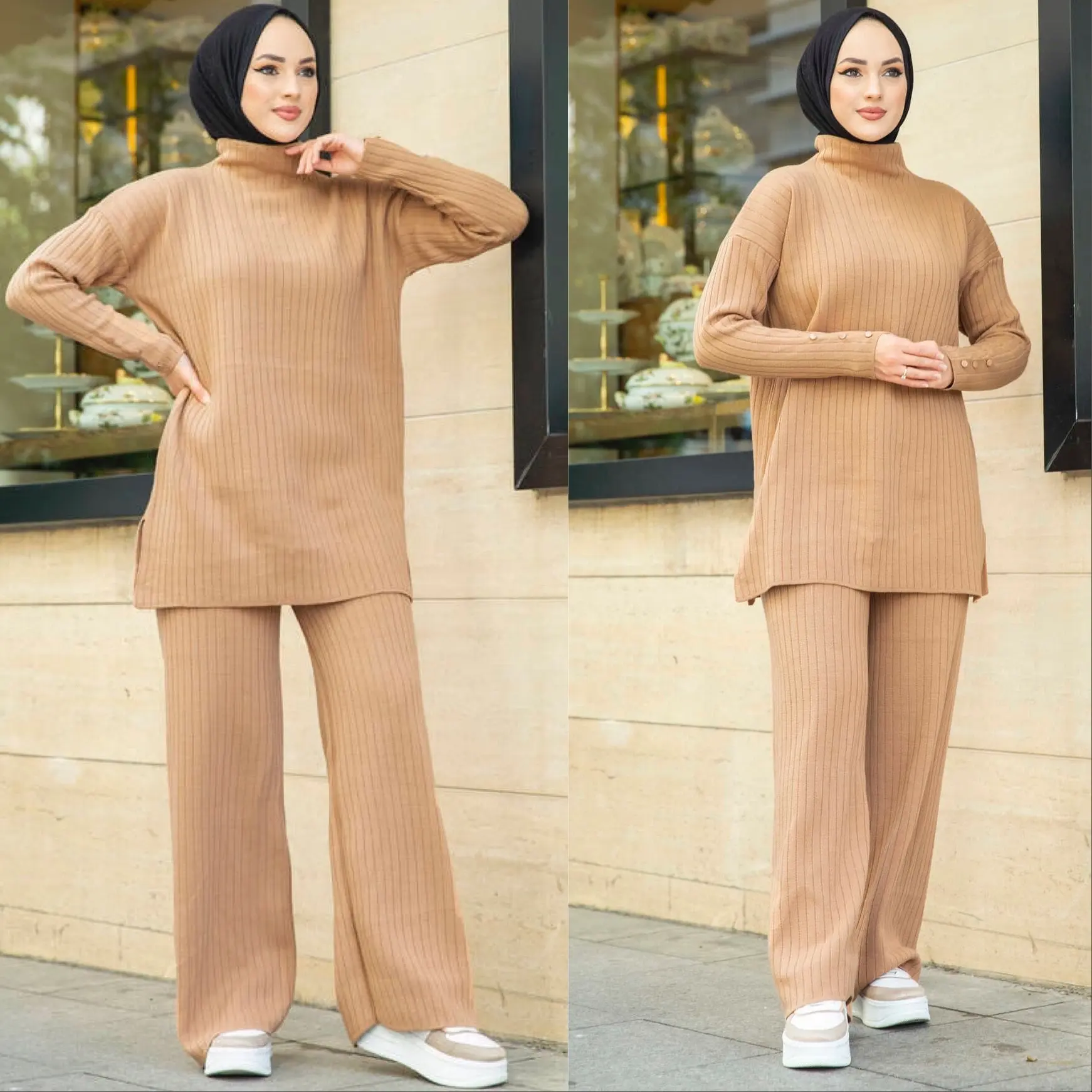 Kış türkiye 2 parça kadın örgü seti balıkçı yaka üstleri geniş bacak pantolon triko bluz müslüman uzun elbise Dubai 2 parça islam giyim
