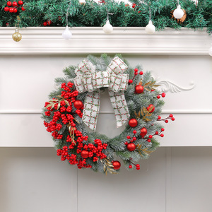 YUELIAN Eco-Friendly 38cm Plastic Artificial Red Berry Christmas Wreath Plaid Bow Front Door Hanging for Indoor/<b>Outdoor</b> Decor - Product Image 2