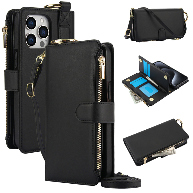 Luxury PU Leather Wallet Case with Ring Holder Zipper Crossbody Design iPhone 12 13 14 15-Business Style TPU Mobile Phone Case