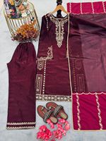 Set atasan, palazzo, dan dupatta sutra cepat kering warna gelap desain tradisional untuk pesta, cocok untuk Diwali dan pernikahan.
