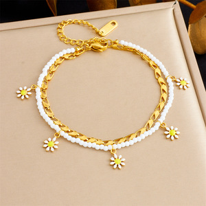 Fashionable Double Layer White Seed Bead Daisy Chain Stainless Steel Anklet For Women - Product Image 1