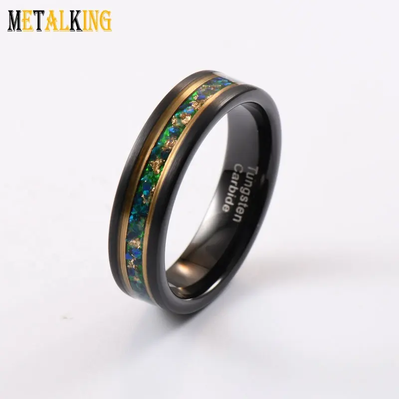 Black Gold Plated 6mm Tungsten Ring Blue Opal And Gold Foil Inlay Flat Edge Wedding Band