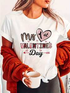 T-shirt con stampa leopardata e cuore glitterato, manica corta, girocollo, top casual, abbigliamento primaverile estivo da donna - Product Image 3