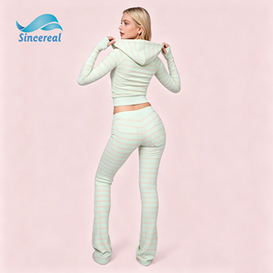 Custom Striped Zip Up Hooded Crop Top Flare Pants Tall <strong>Women</strong> Winter 2 Piece Casual Outfits Fitness Daily Apparel Tracksuit Set - Product Image 4
