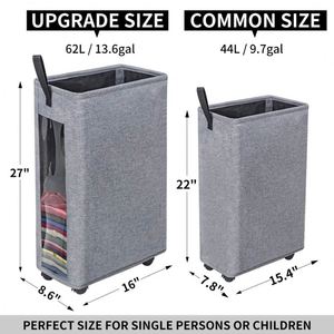 Slim <b>Laundry</b> Hamper Large Tall <b>Laundry</b> <b>Basket</b> on Wheels Clear Window Visible Dirty Clothes Hamper <b>Thin</b> Clothes Storage <b>Basket</b> - Product Image 2
