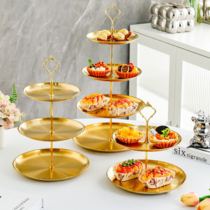 Multifunctionele gouden roestvrijstalen dessertstandaard met 2/3/4 lagen, fruitmand, serveerschaal voor Koreaans BBQ, taartplateau, snackrek - Product Image 1
